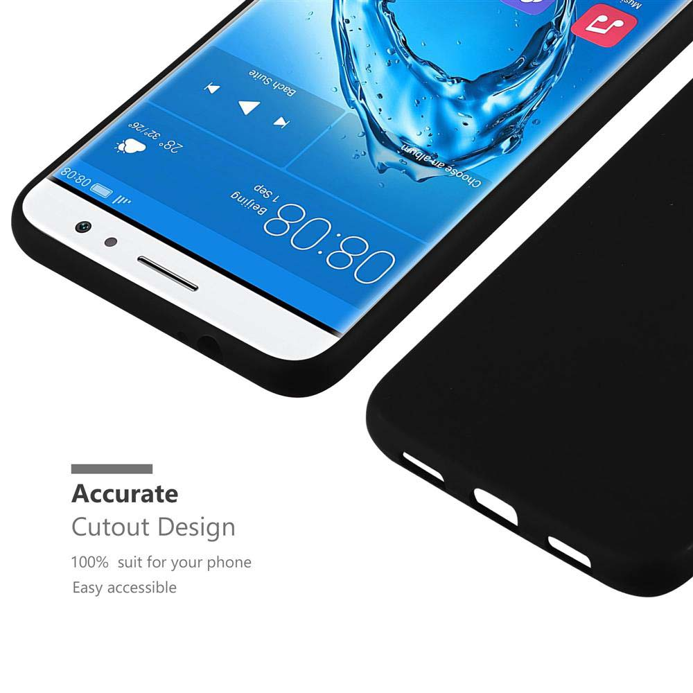 Una custodia nera è mostrata accanto a uno smartphone che mostra ore 08:08 e meteo.