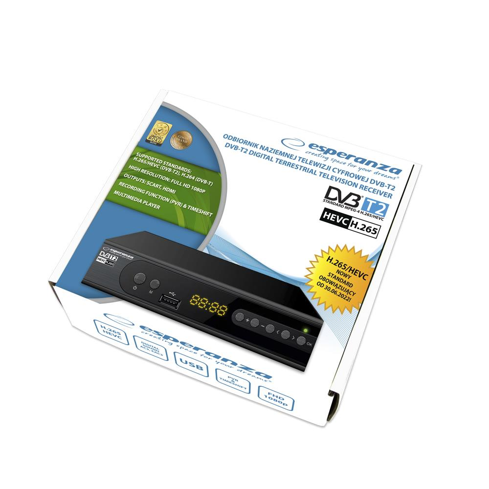 Ein schwarzer Esperanza DVB-T2 Receiver mit digitalen Anzeigen und Tasten auf der Vorderseite.