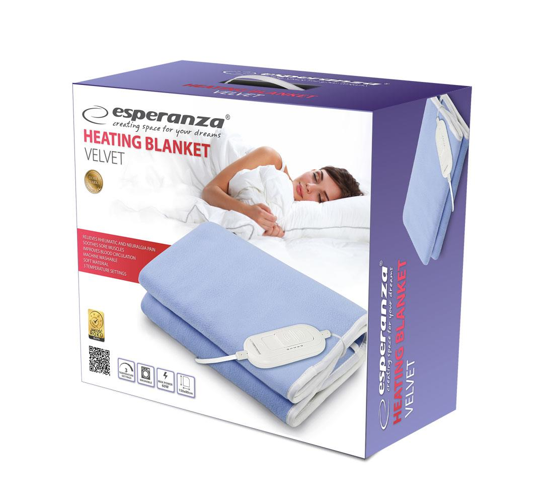 Verpackung für Esperanza Heizdecke, blau, mit Frau im Bett.