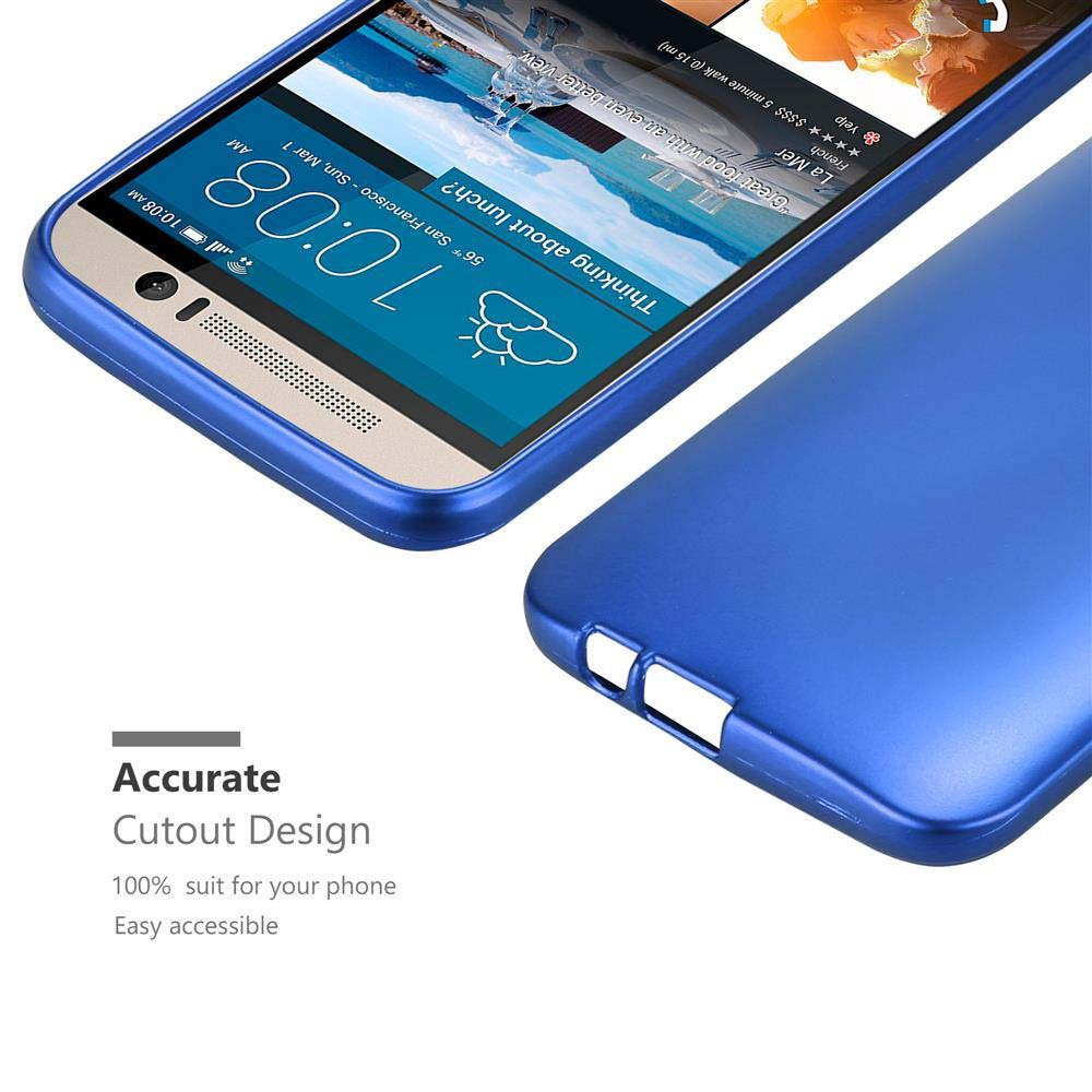 Custodia blu per telefono accanto a un telefono che mostra ora, meteo e testo. "Design preciso del ritaglio".