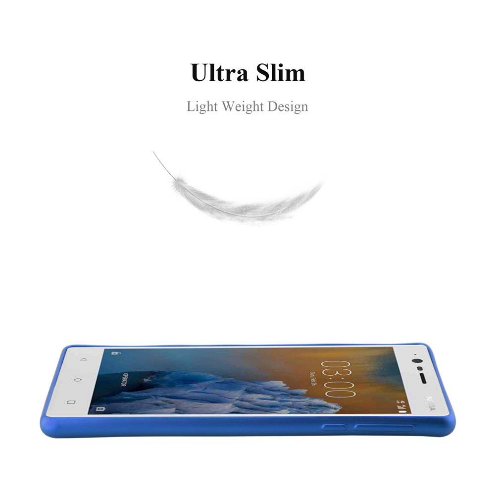 Uno smartphone blu sottile su sfondo bianco. Una piuma fluttua sopra.
