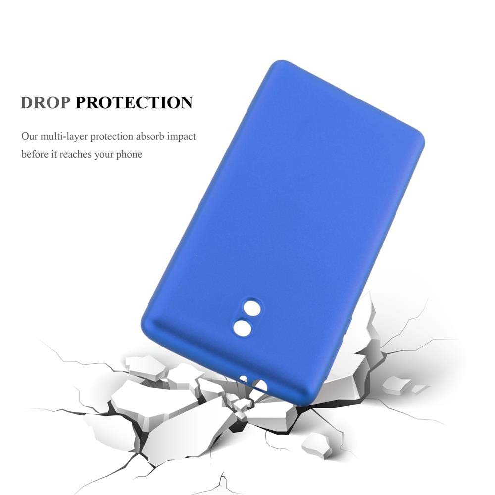 Custodia blu per telefono cade su superficie incrinata. Testo: Protezione.