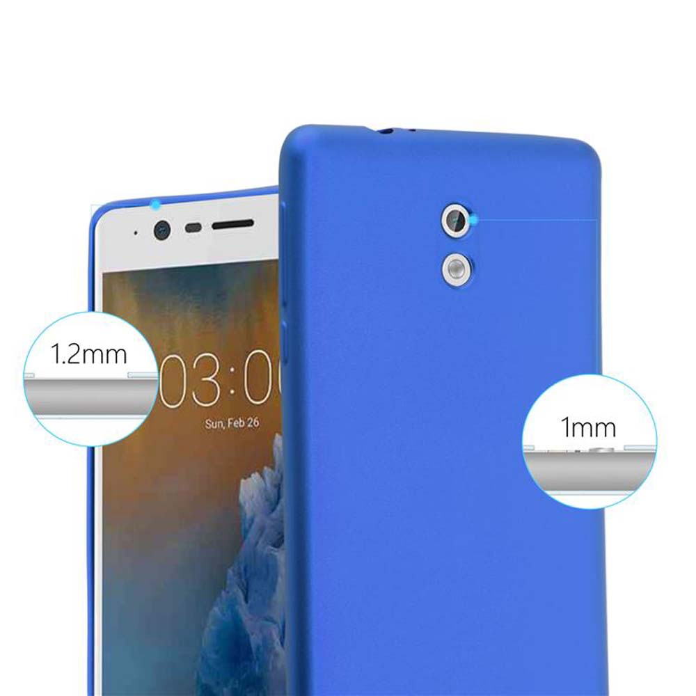 Custodia blu per telefono con ritagli fotocamera e indicatori di misura (1,2mm e 1mm).