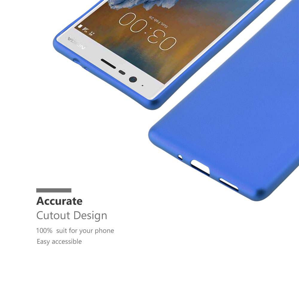 Un telefono blu con cover blu che mostra le 03:00. Design con ritaglio preciso.
