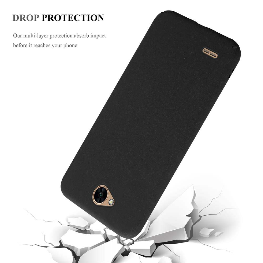 Cover nera per telefono che cade su superficie bianca incrinata.