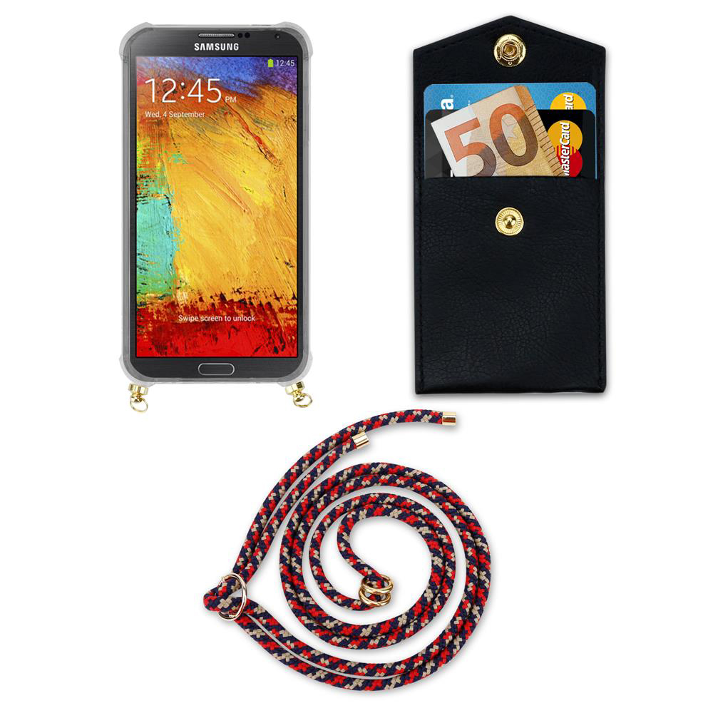 Uno smartphone con sfondo colorato, un portafoglio nero con carte e contanti.