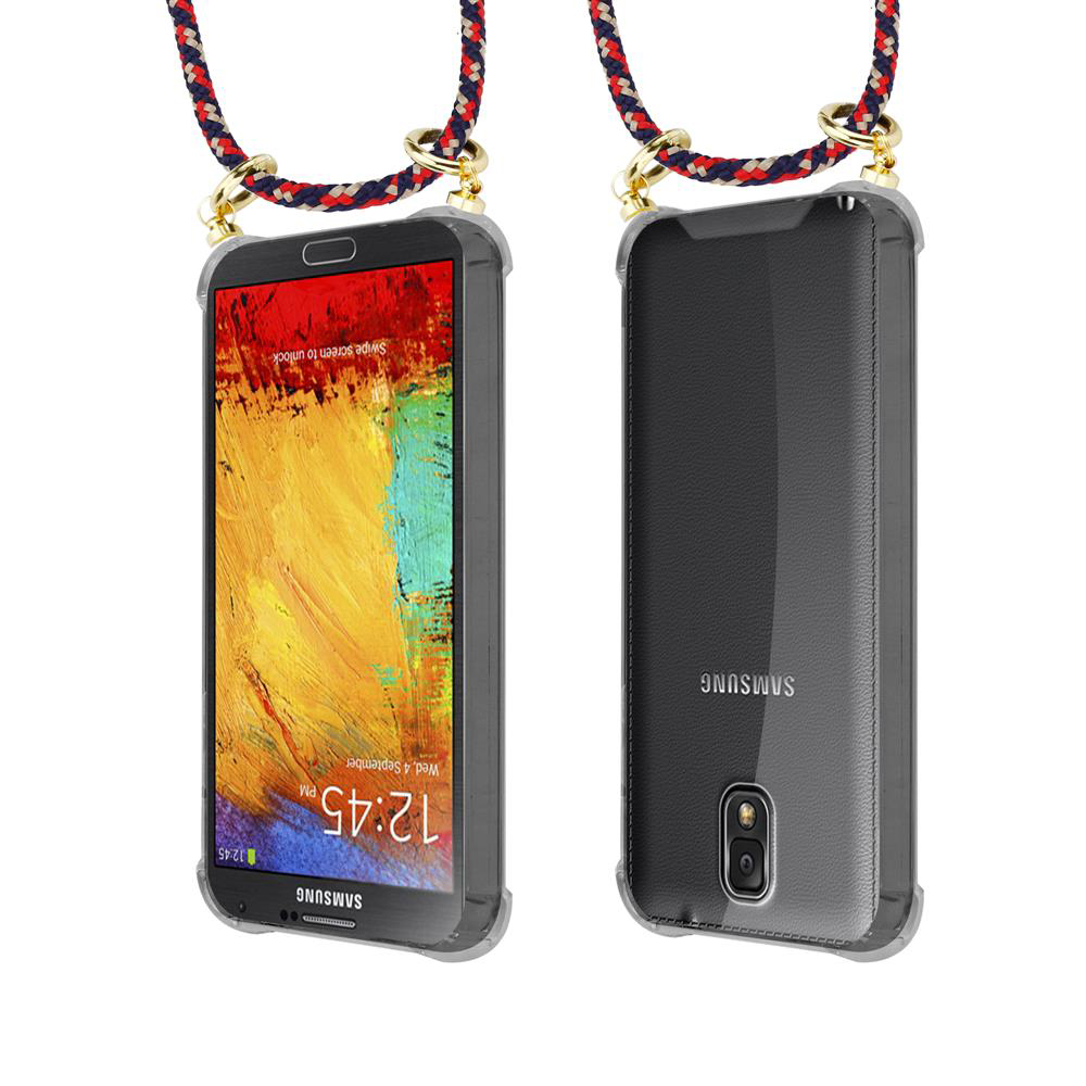 Telefono Samsung con cordino, vista frontale e posteriore.