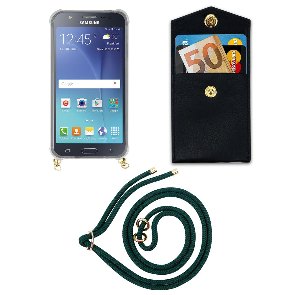 Smartphone Samsung in custodia trasparente, portafoglio nero con banconota euro e carte, e cordino.