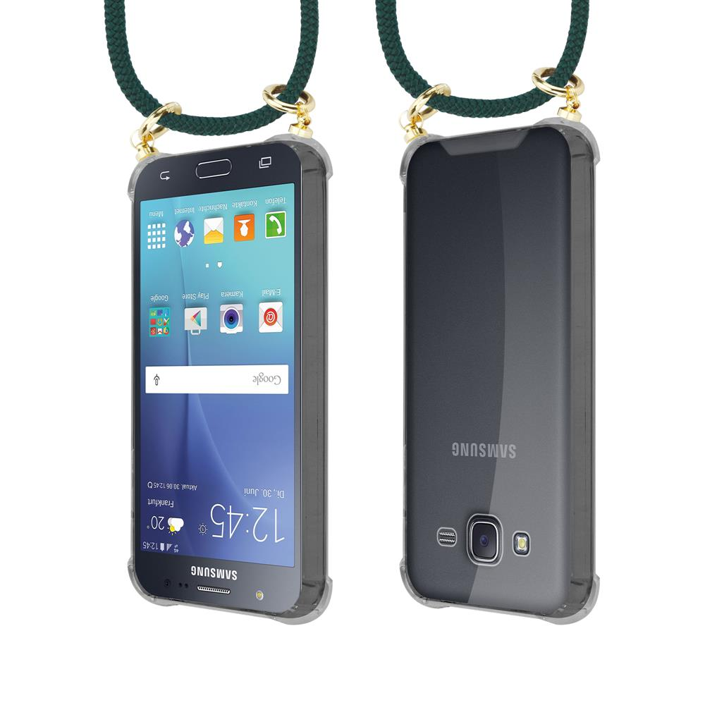 Telefono Samsung con laccetto verde, vista frontale e posteriore.