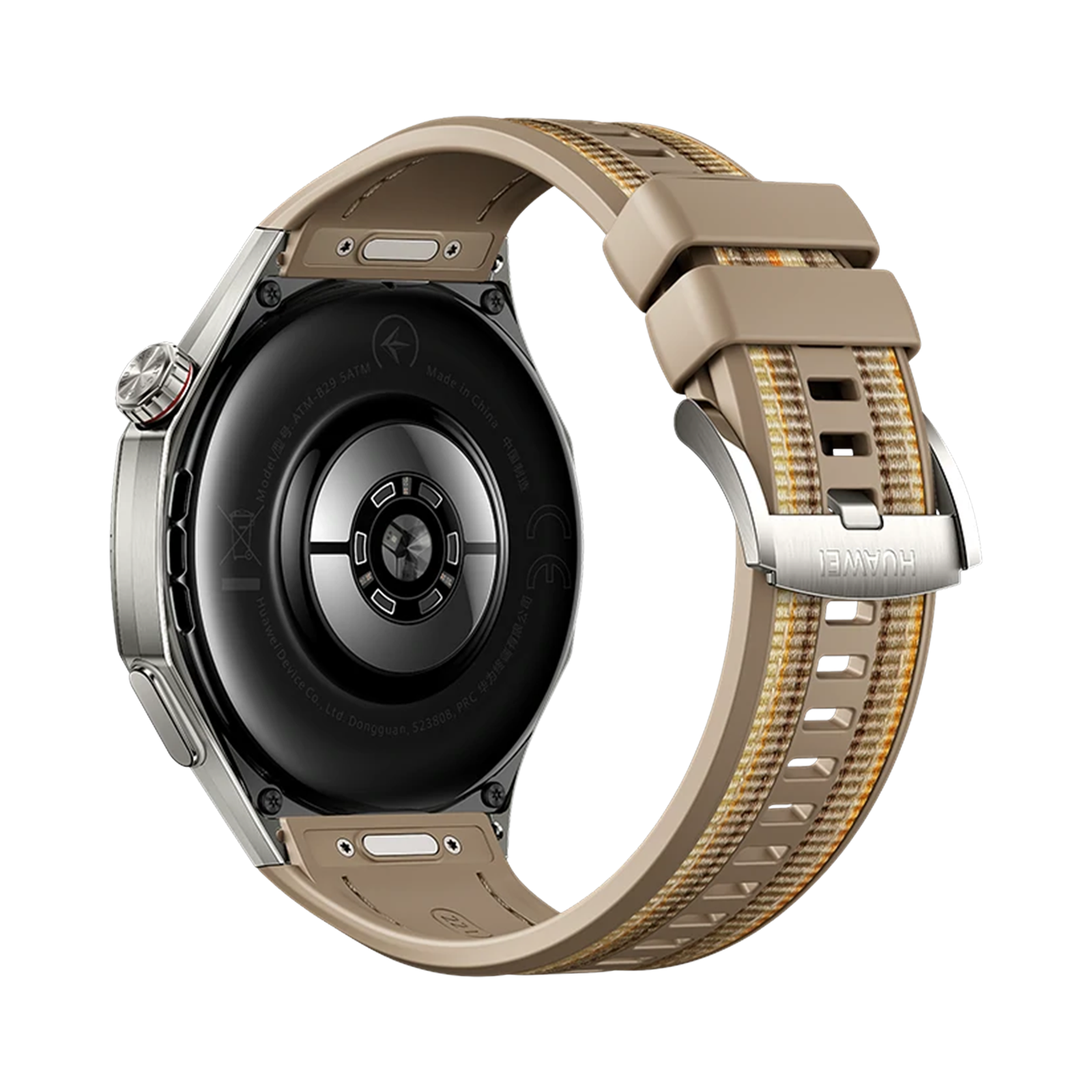 Achterkant van een smartwatch met bruine geruite band en zilveren gesp.