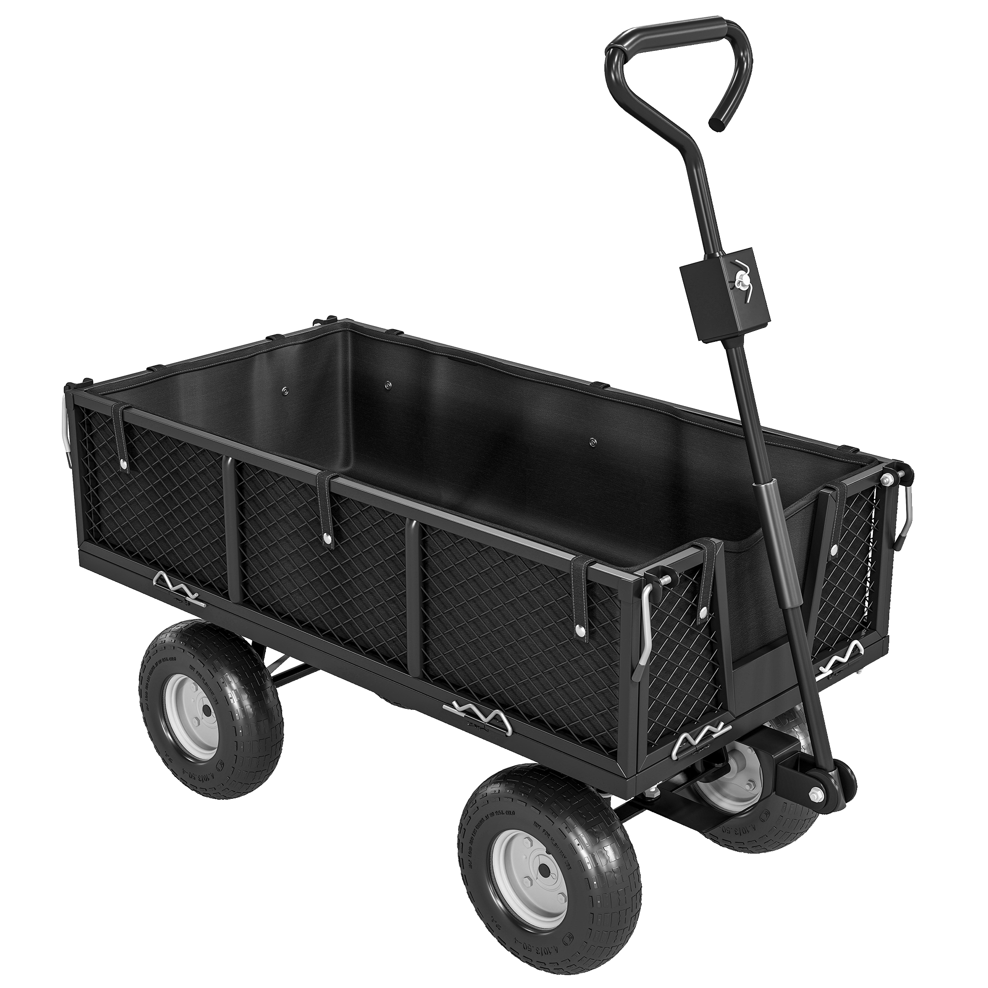 Carrello nero con lati in rete e manico grande. Quattro ruote sono visibili.