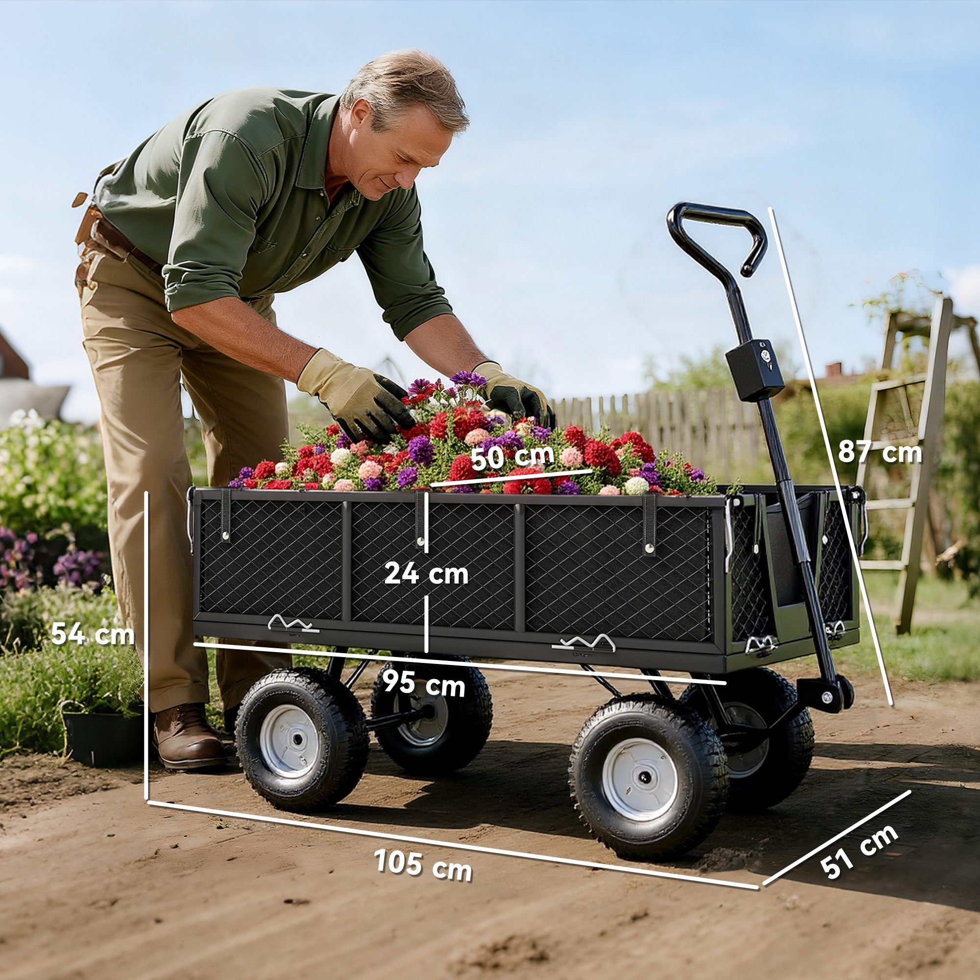 Uomo carica un carrello da giardino nero con fiori colorati. Dimensioni mostrate.