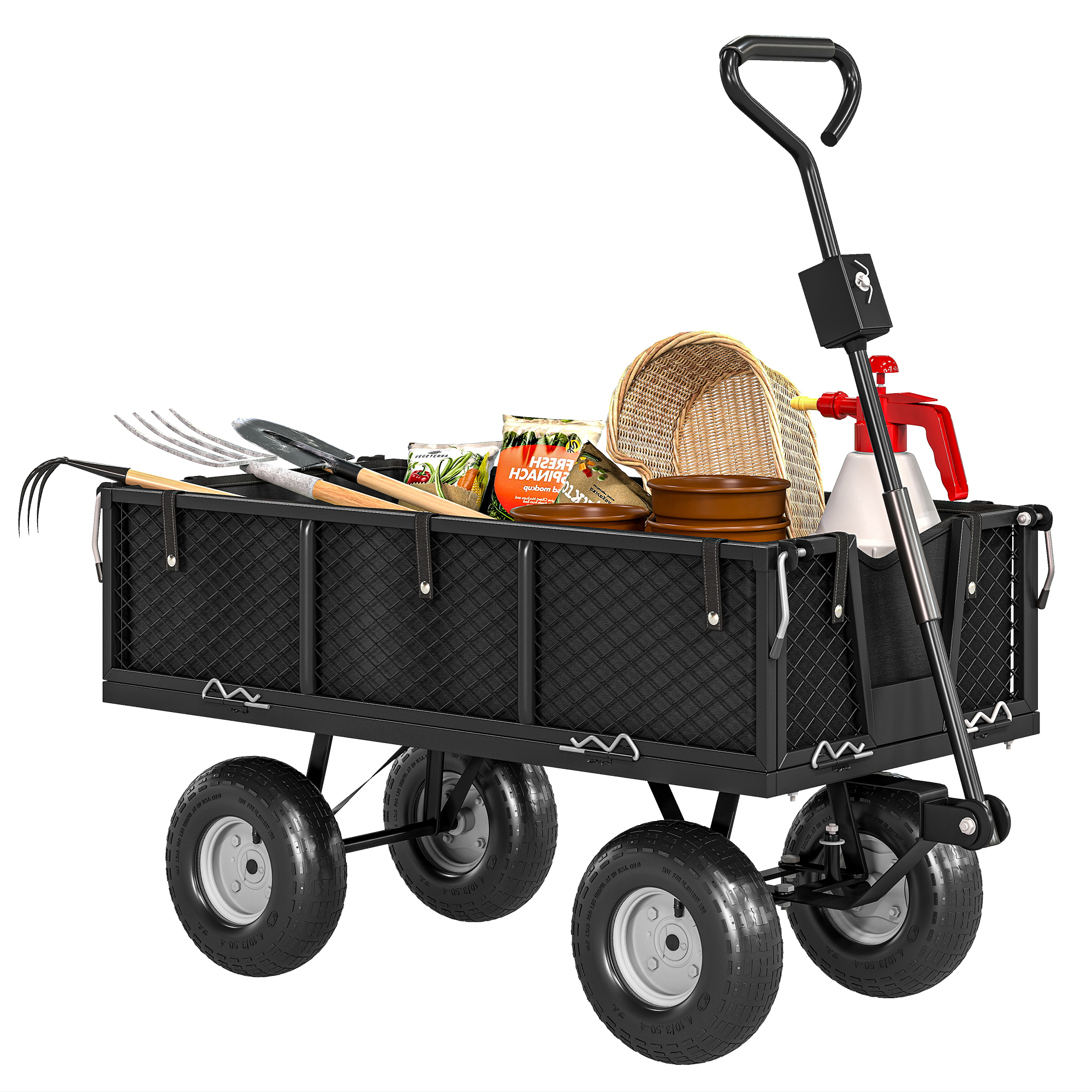 Carriola da giardino nera con attrezzi, cesti, spruzzino e generi alimentari.