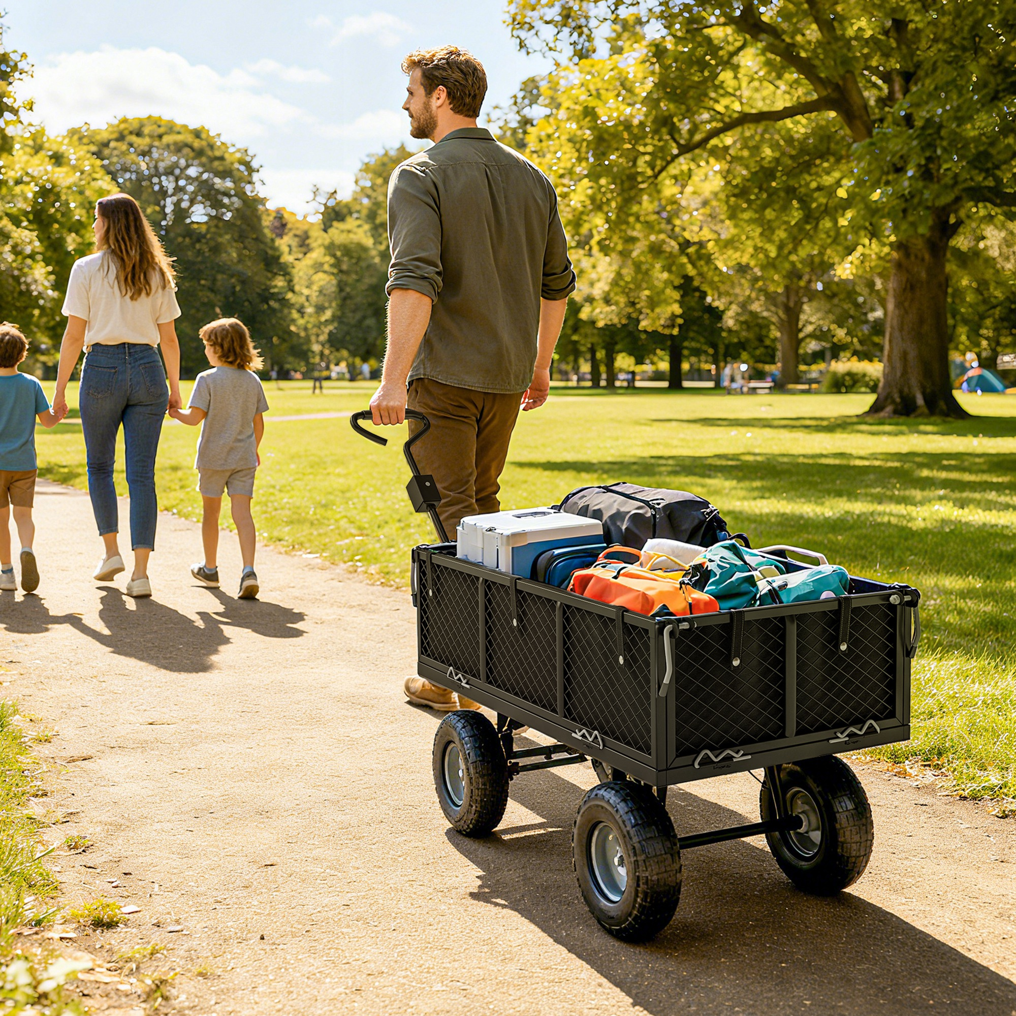 Famiglia in un parco con un carrello pieno di bagagli.
