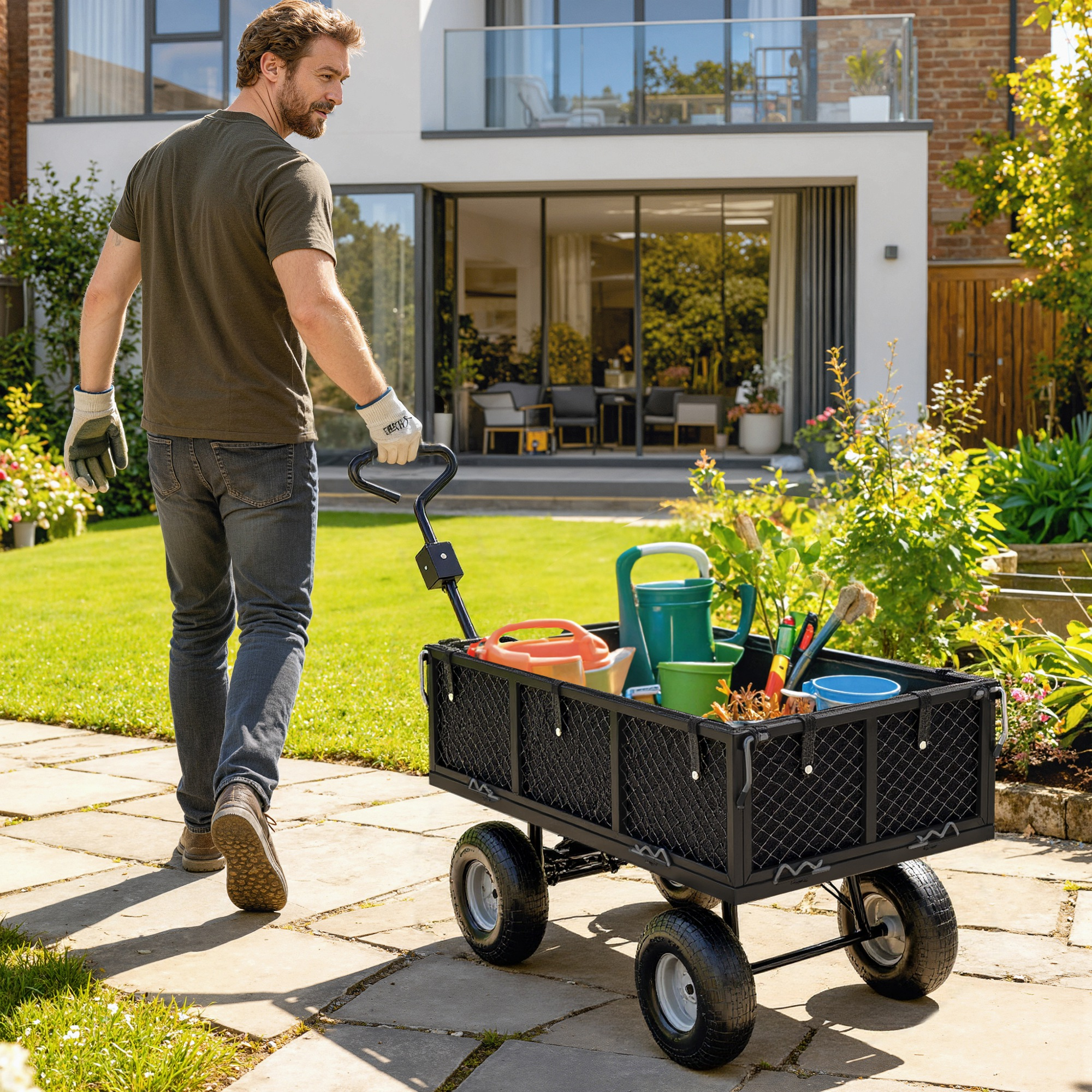 Uomo spinge carrello da giardino con attrezzi e annaffiatoi su sentiero di pietra.