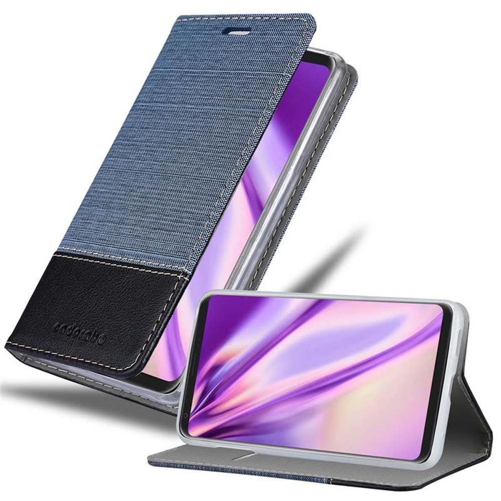 Ein blaues Handycover mit schwarzem Lederdetail, das ein Handy schützt.