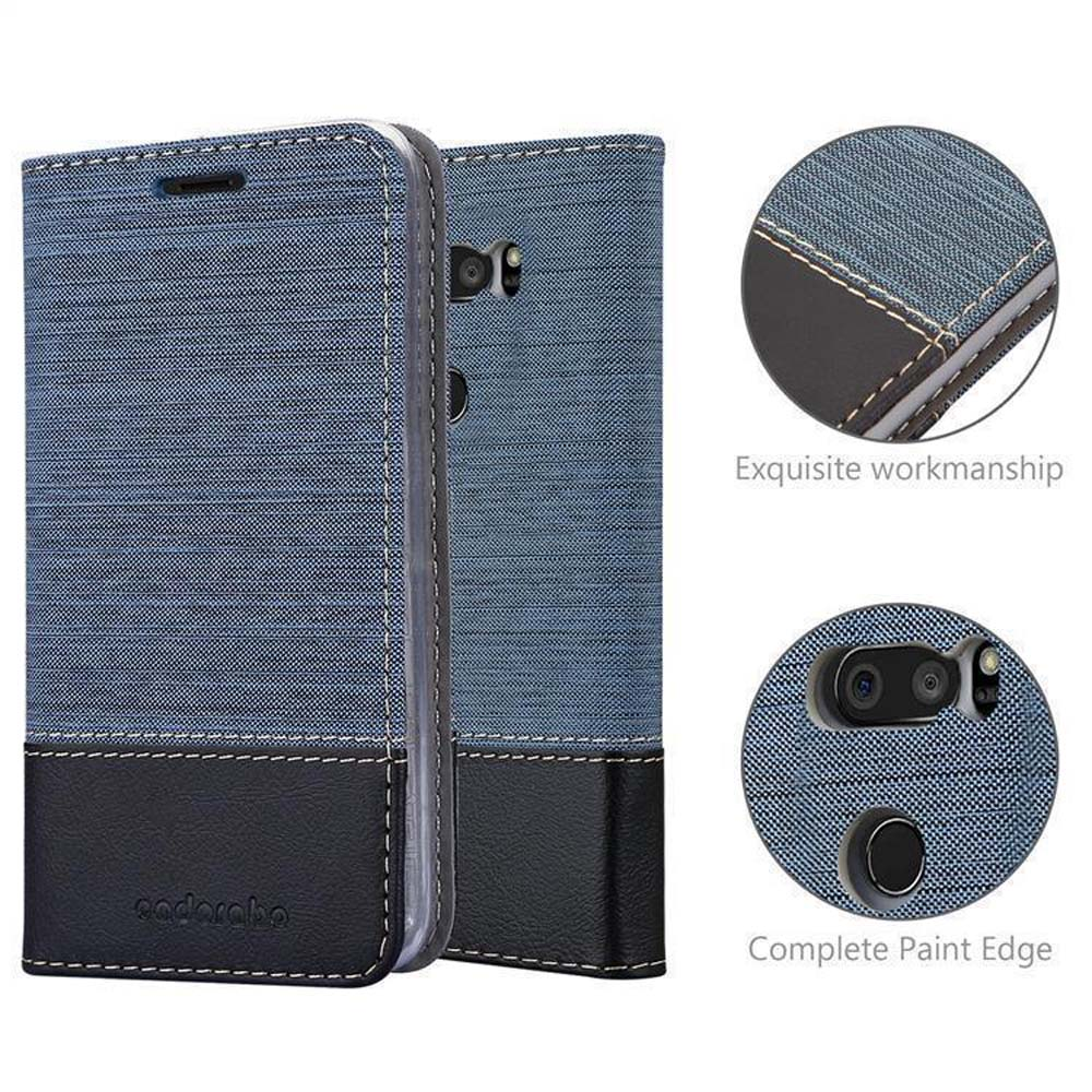 Blaues Handy-Flip-Case mit schwarzem Lederboden und Nähten.