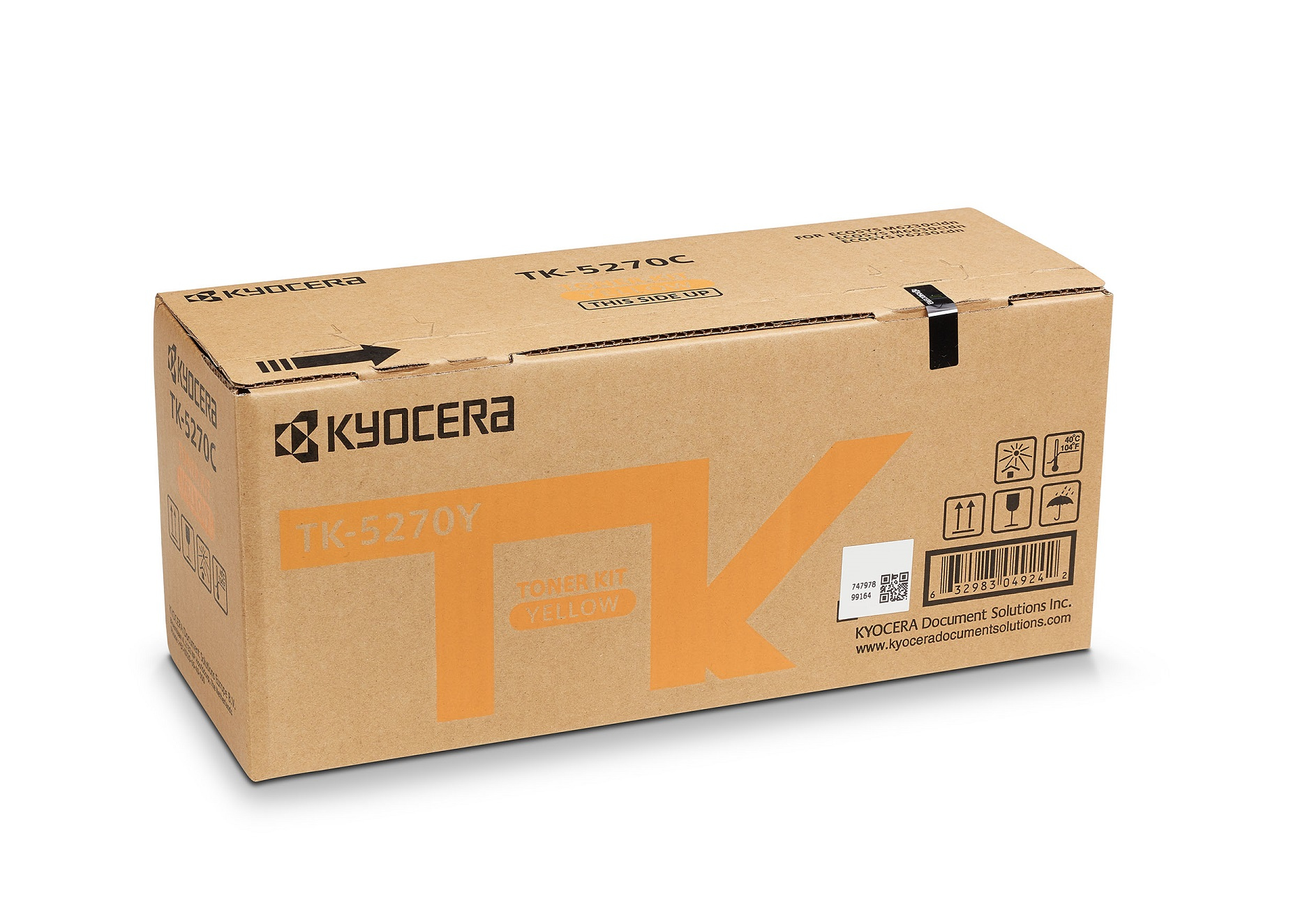 Kyocera TK-5270Y gele tonerdoos met labels en symbolen.