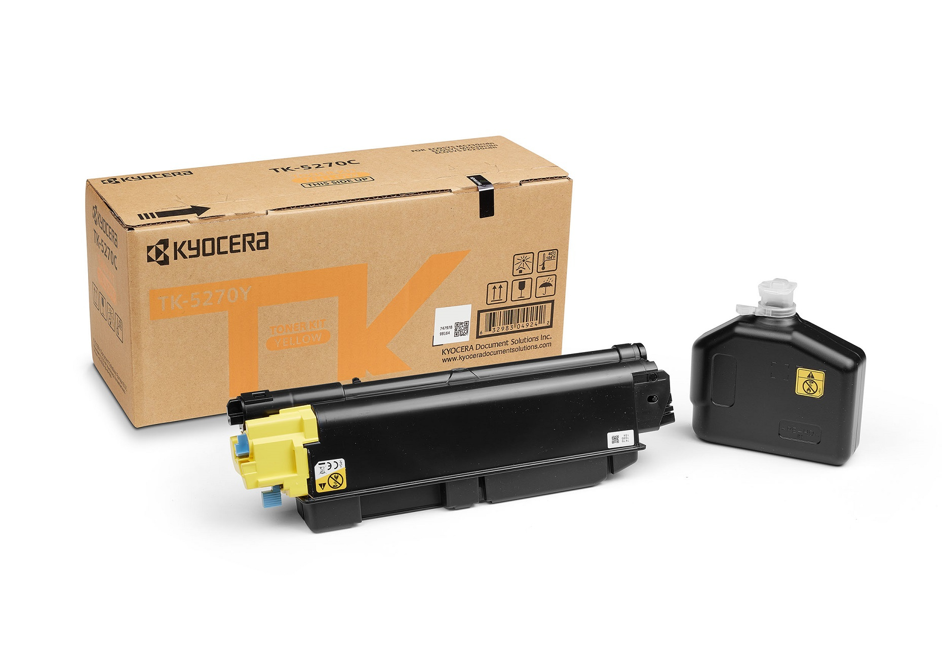 Kyocera tonercartridge en navulfles op witte achtergrond.