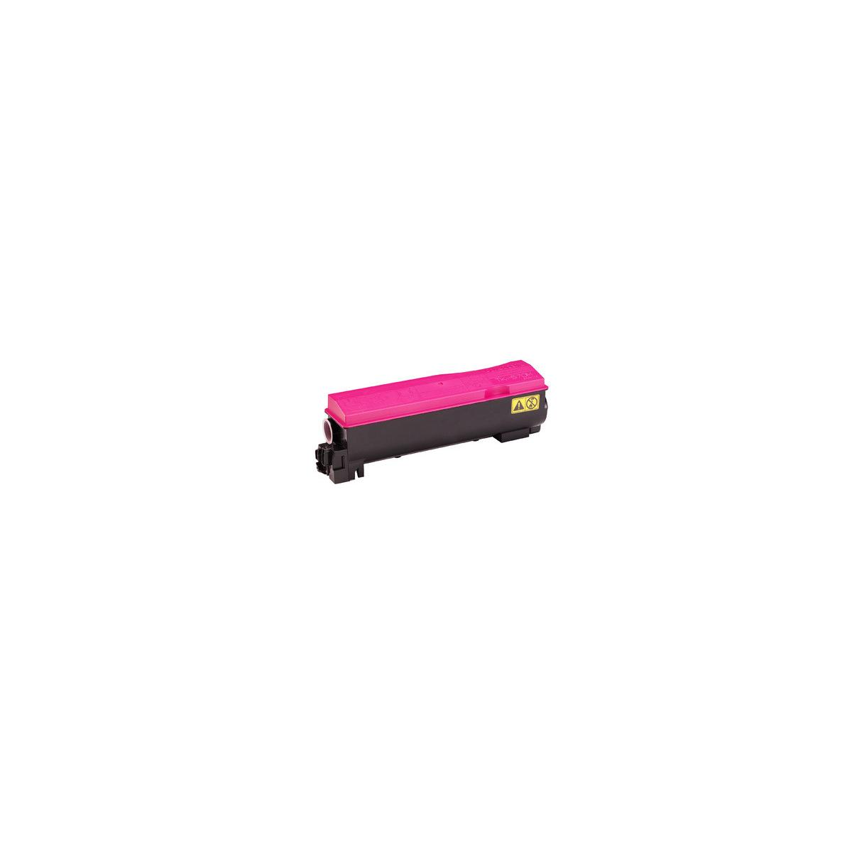 Una cartuccia toner rosa con corpo nero su sfondo bianco.