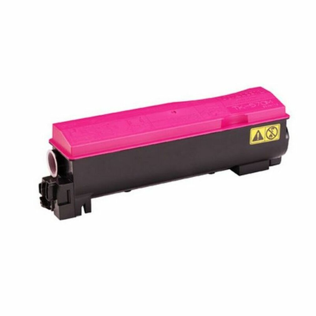 Cartuccia toner nera con coperchio rosa. Simboli di avvertenza sul lato.