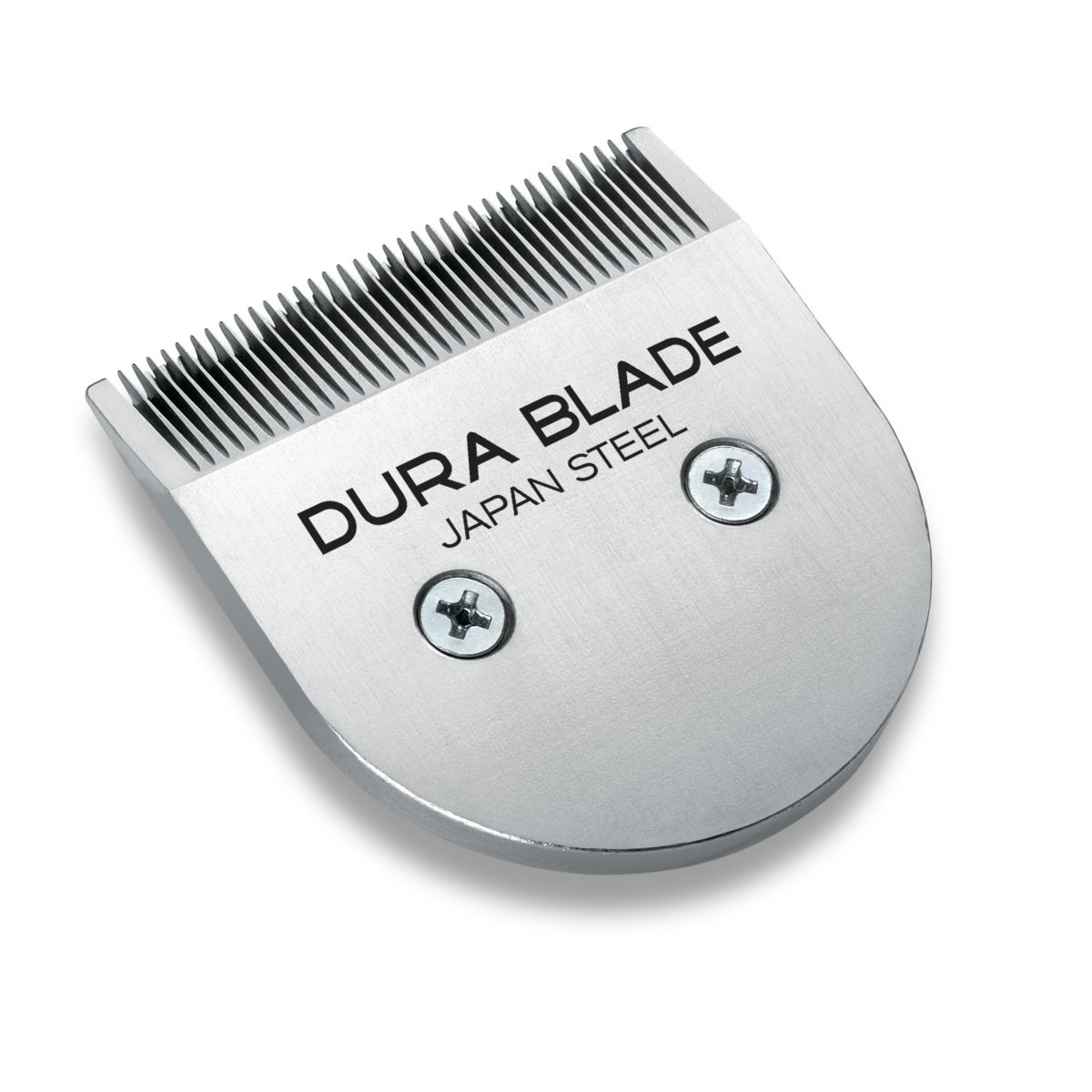 Srebrna głowica maszynki do strzyżenia z napisem 'DURA BLADE JAPAN STEEL'.