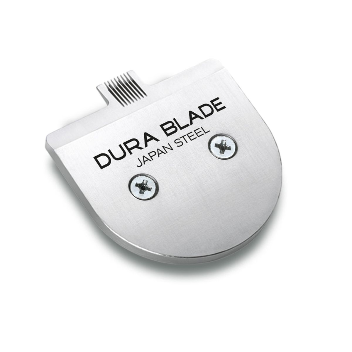 Metalowe ostrze z napisem "DURA BLADE JAPAN STEEL" i dwiema śrubami.