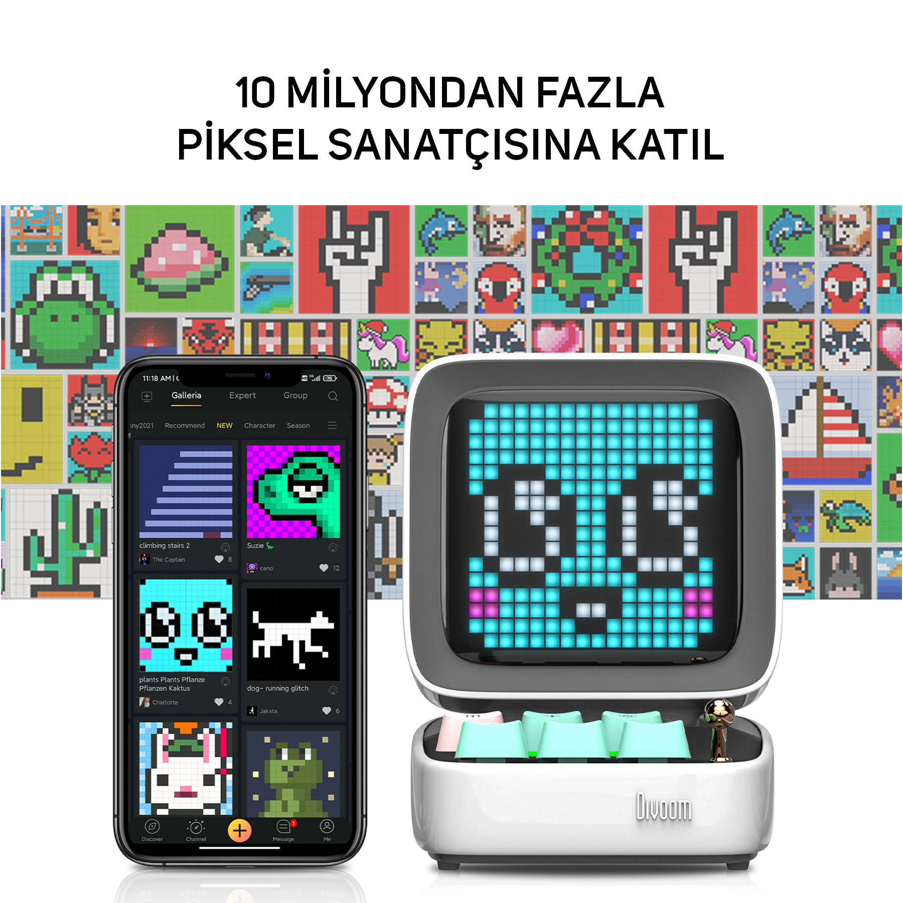 Smartfon wyświetla projekty pixel art obok głośnika z pikselowym obrazem.