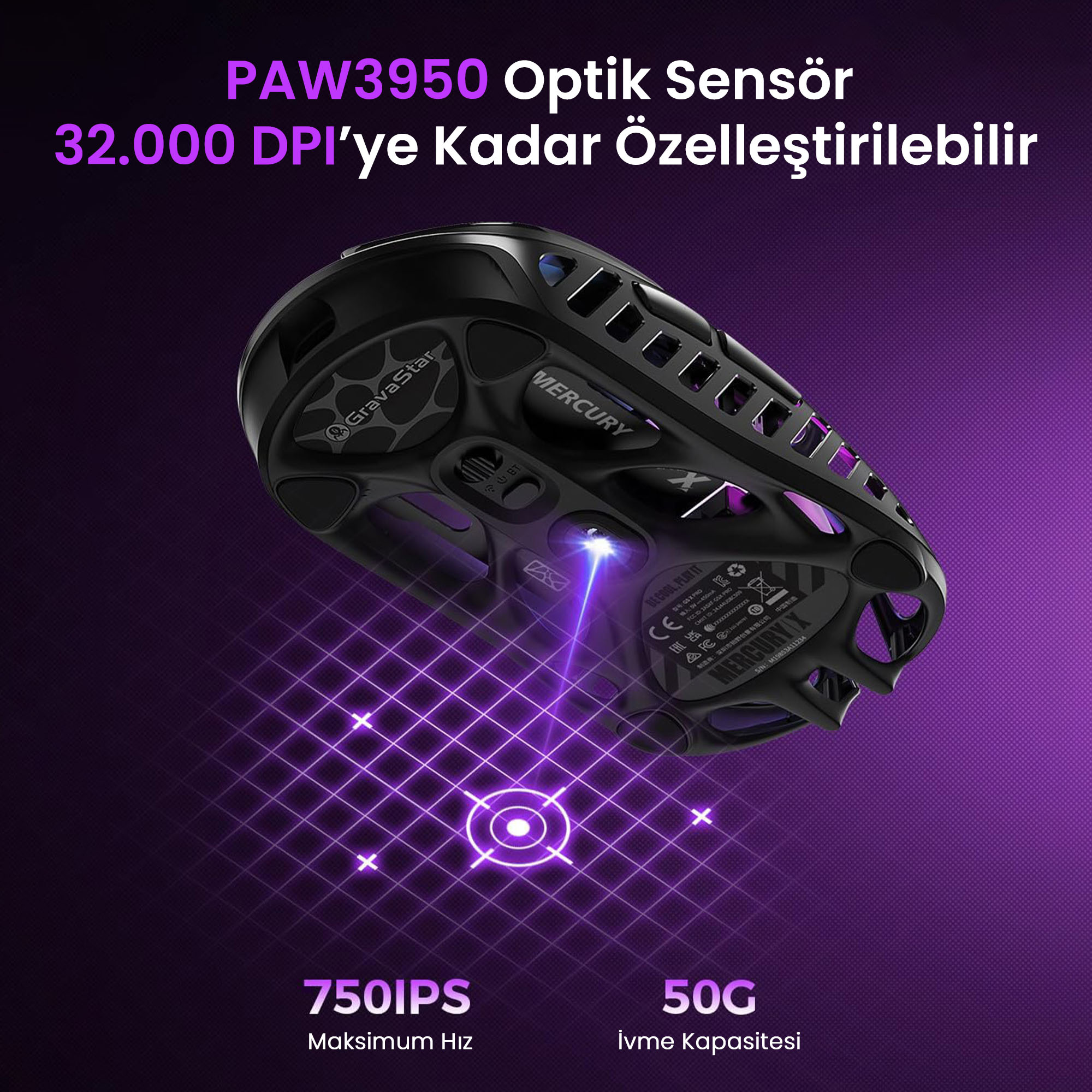 Czarna mysz z sensorem PAW3950, 32000 DPI, 750 IPS, przyspieszenie 50G.