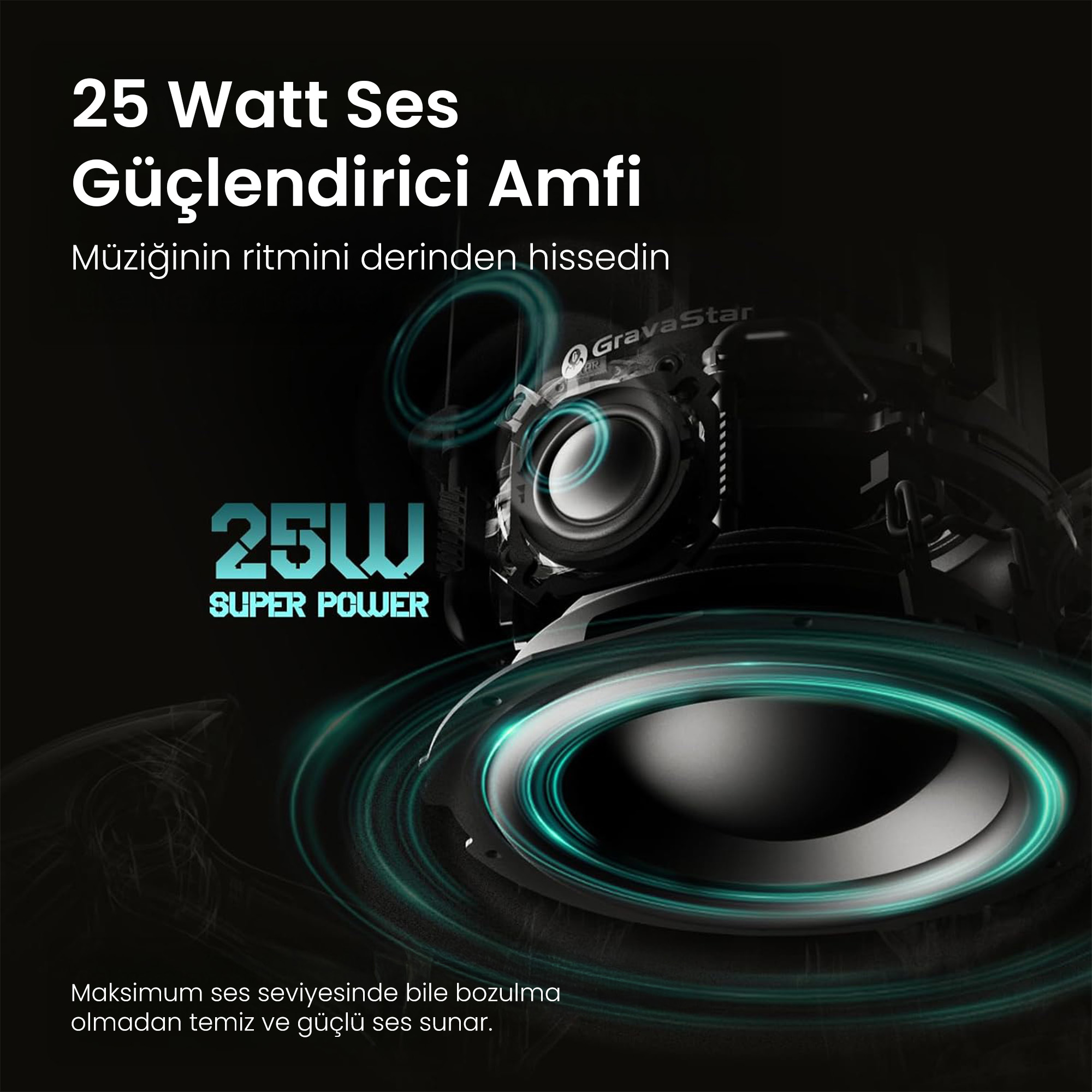 Wzmacniacz 25 watów ze szczegółowym projektem głośnika i niebieskimi pierścieniami świetlnymi.