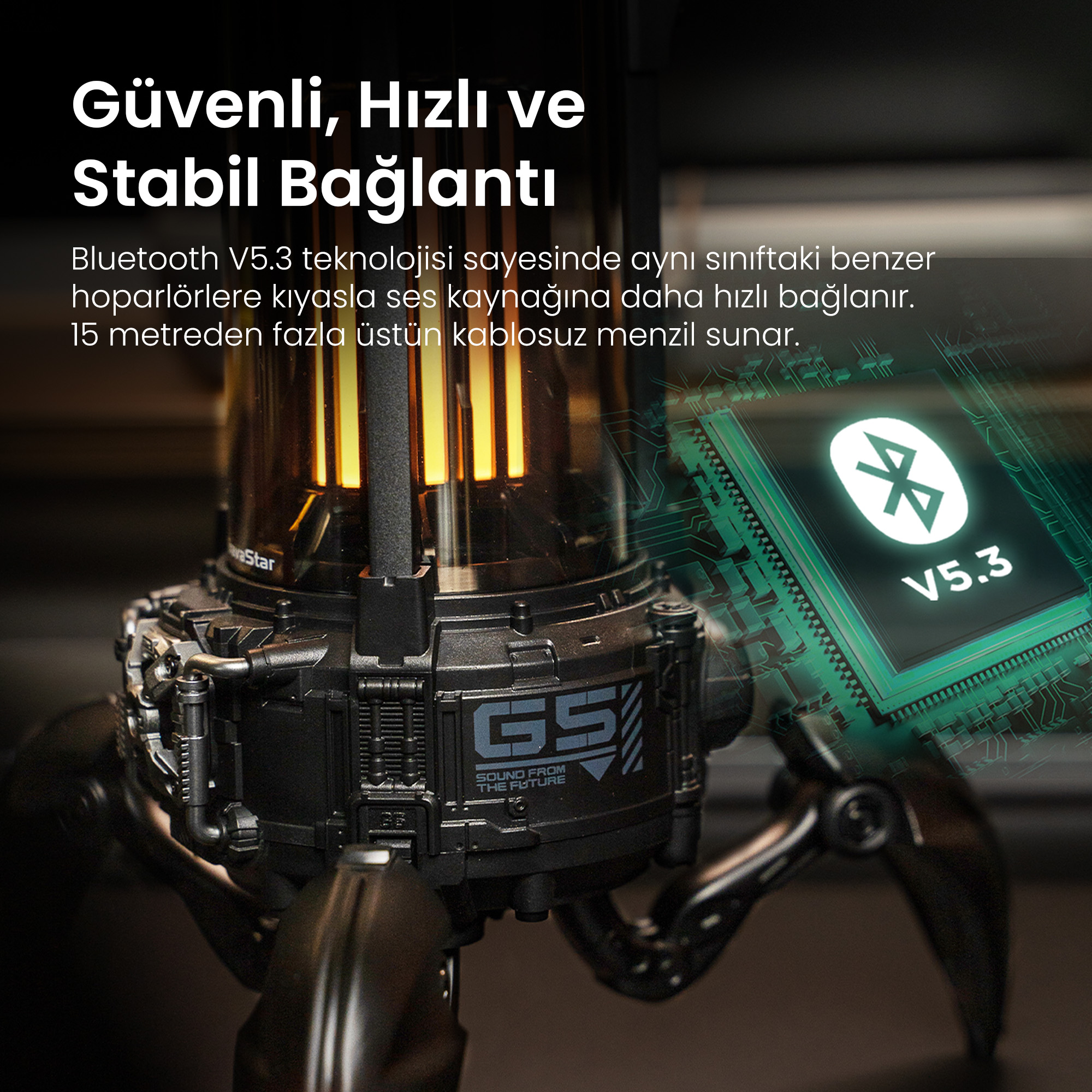 Czarny głośnik z logo GS i chipem Bluetooth 5.3.