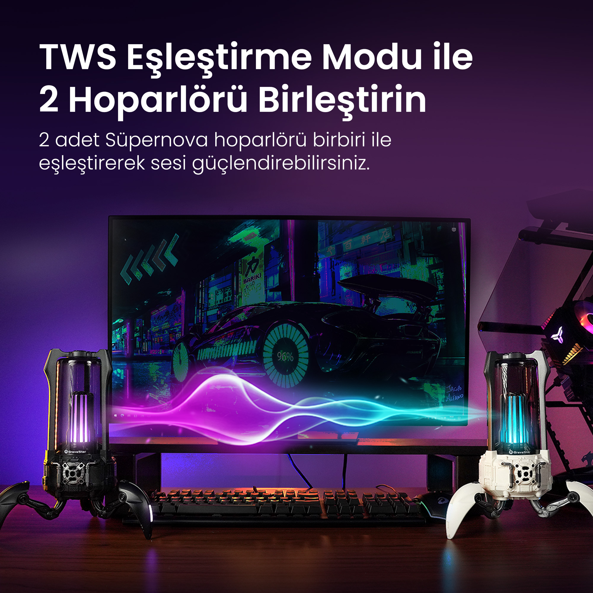 Dwa futurystyczne głośniki po bokach monitora z cybernetyczną sceną i neonami.