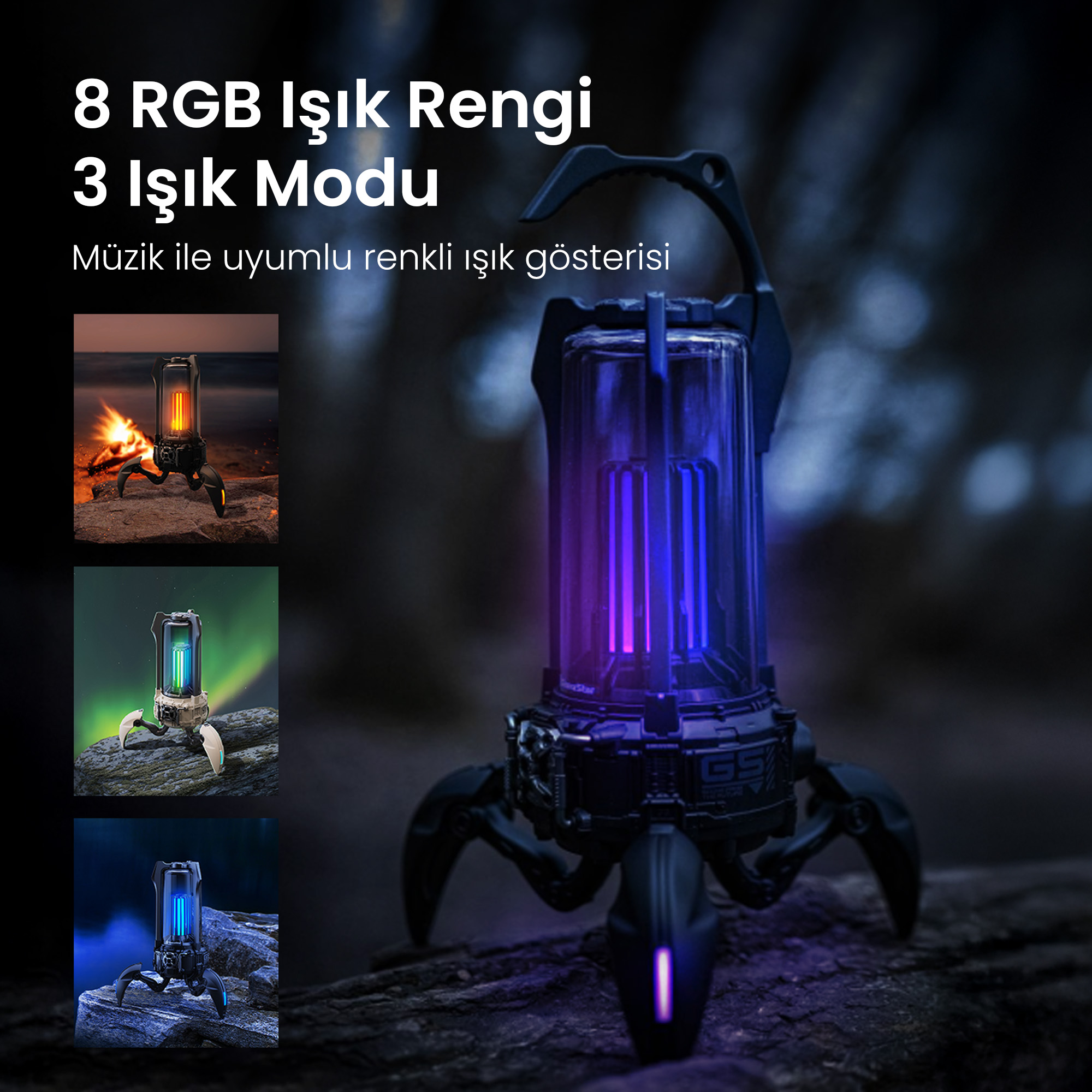 Czteronożny podświetlany głośnik świeci na niebiesko i fioletowo.