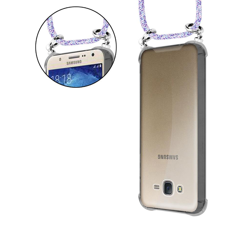 Ein Smartphone mit einem durchsichtigen Gehäuse und Band, Vorder- und Rückseite.
