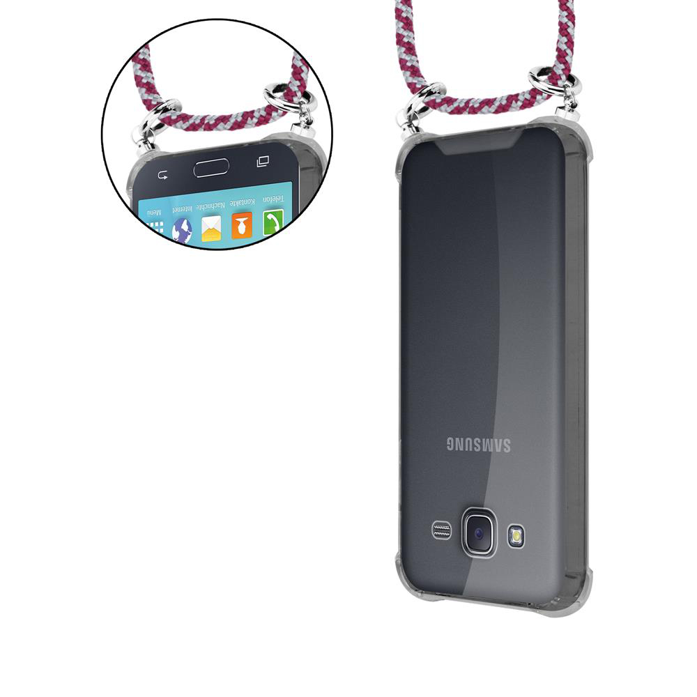 Ein Samsung-Smartphone in einer durchsichtigen Hülle mit einer Schnur.
