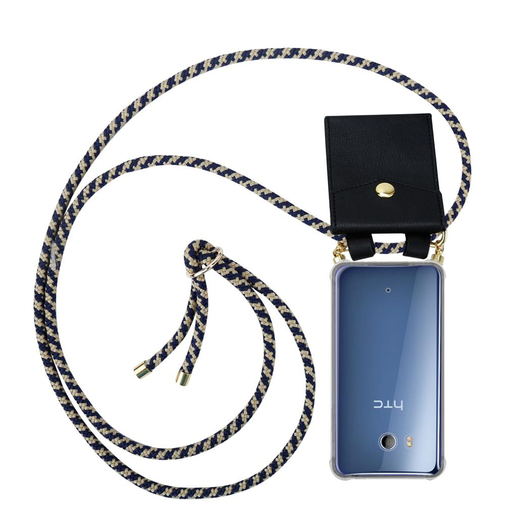 Ein Handy mit Lanyard und schwarzer Tasche.