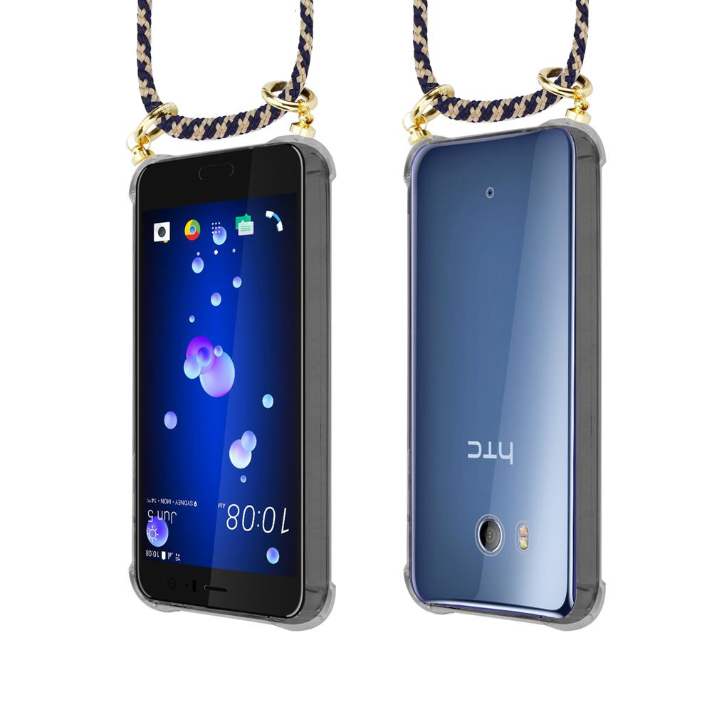 Zwei Smartphones nebeneinander, eines mit blauem Hintergrund und eines mit HTC-Logo.