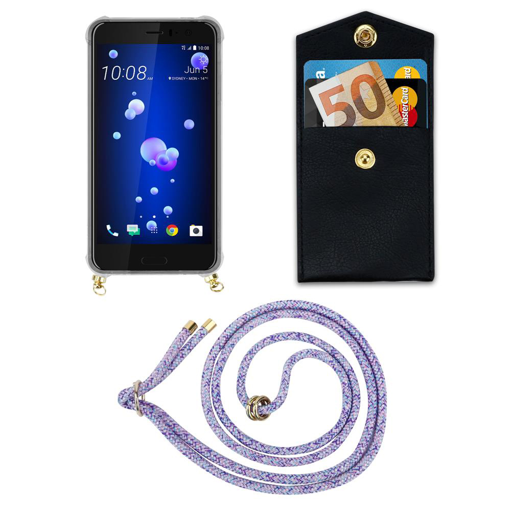 Smartphone mit Hülle, schwarzes Portemonnaie mit Geld und Karten, lila Kordel.
