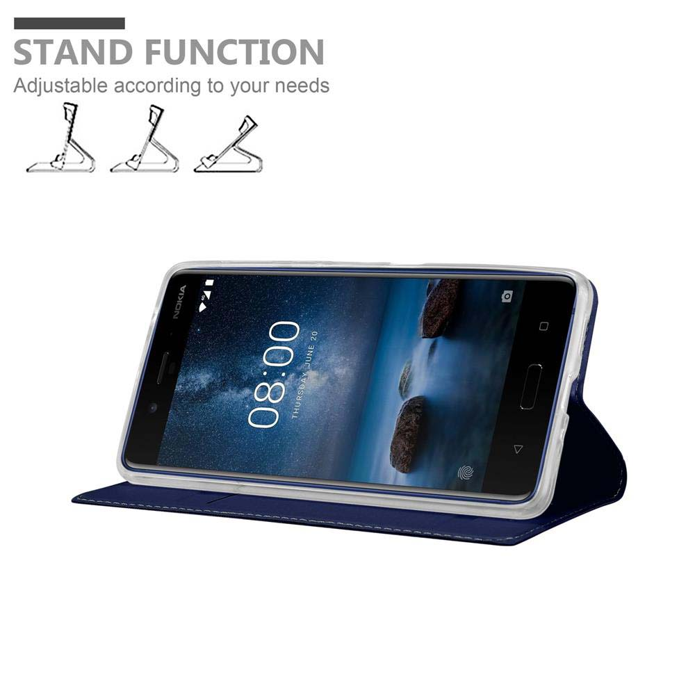Custodia blu scuro per telefono con funzione stand, mostra telefono alle 8:00.