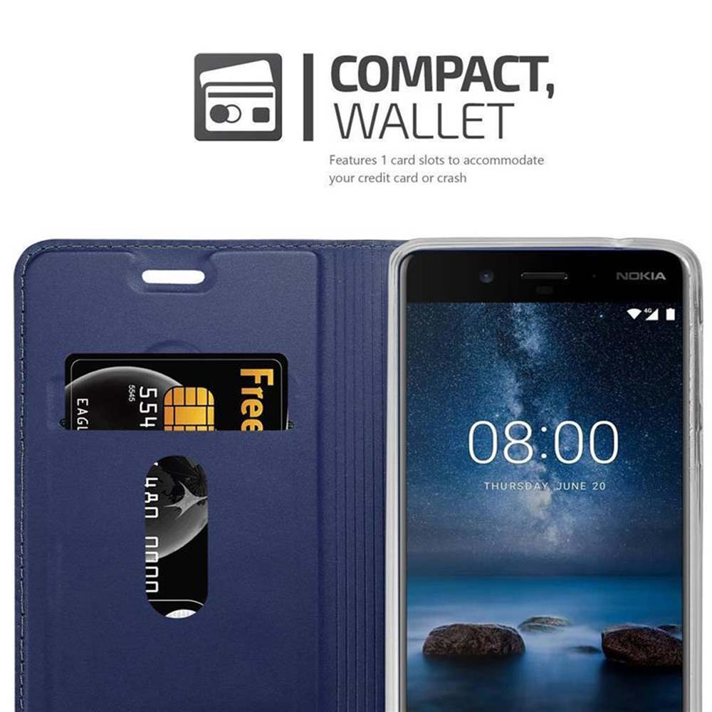 Una custodia a portafoglio blu con un telefono che mostra le 08:00.