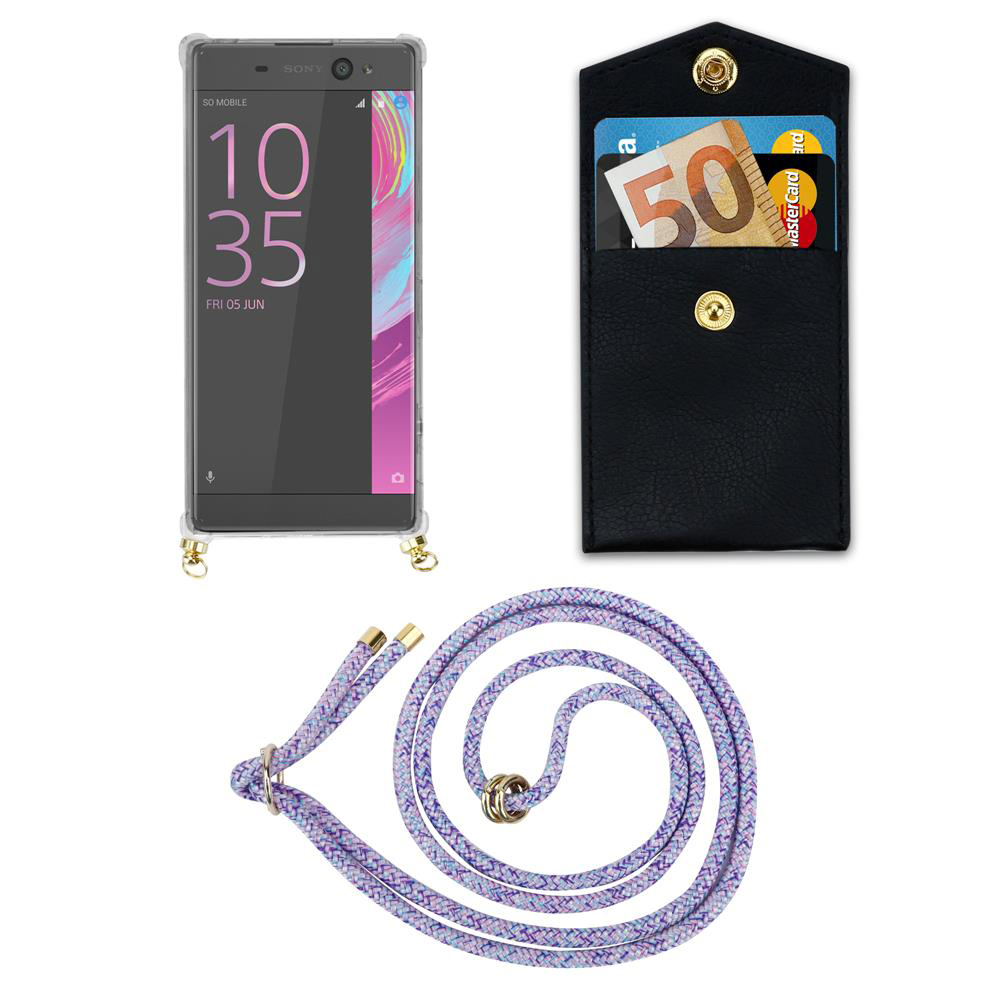 Sony-Handy mit Hülle, schwarzer Kartenhalter mit Geld und Karten, lila Lanyard.