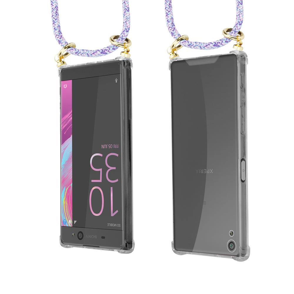 Ein Smartphone mit einer durchsichtigen Hülle und einem bunten Band, vorne und hinten gezeigt.