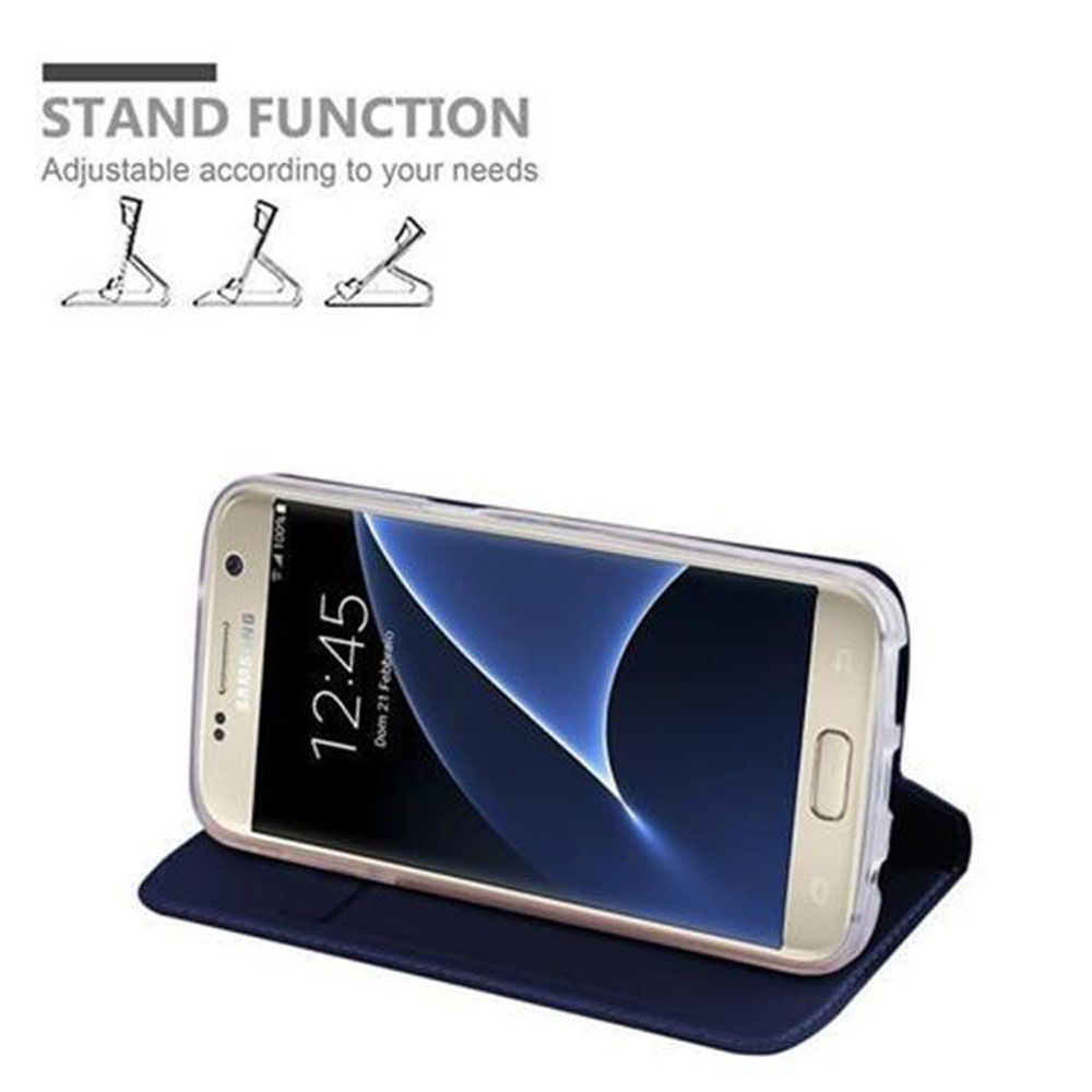 Uno smartphone in una custodia blu che funge da supporto. Sopra sono mostrate tre opzioni di supporto.