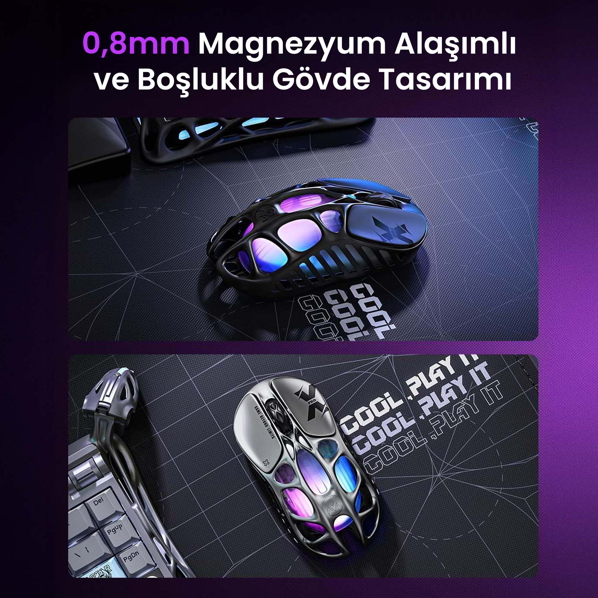 Futurystyczna mysz gamingowa ze szkieletowym designem w kolorach niebieskim i fioletowym.