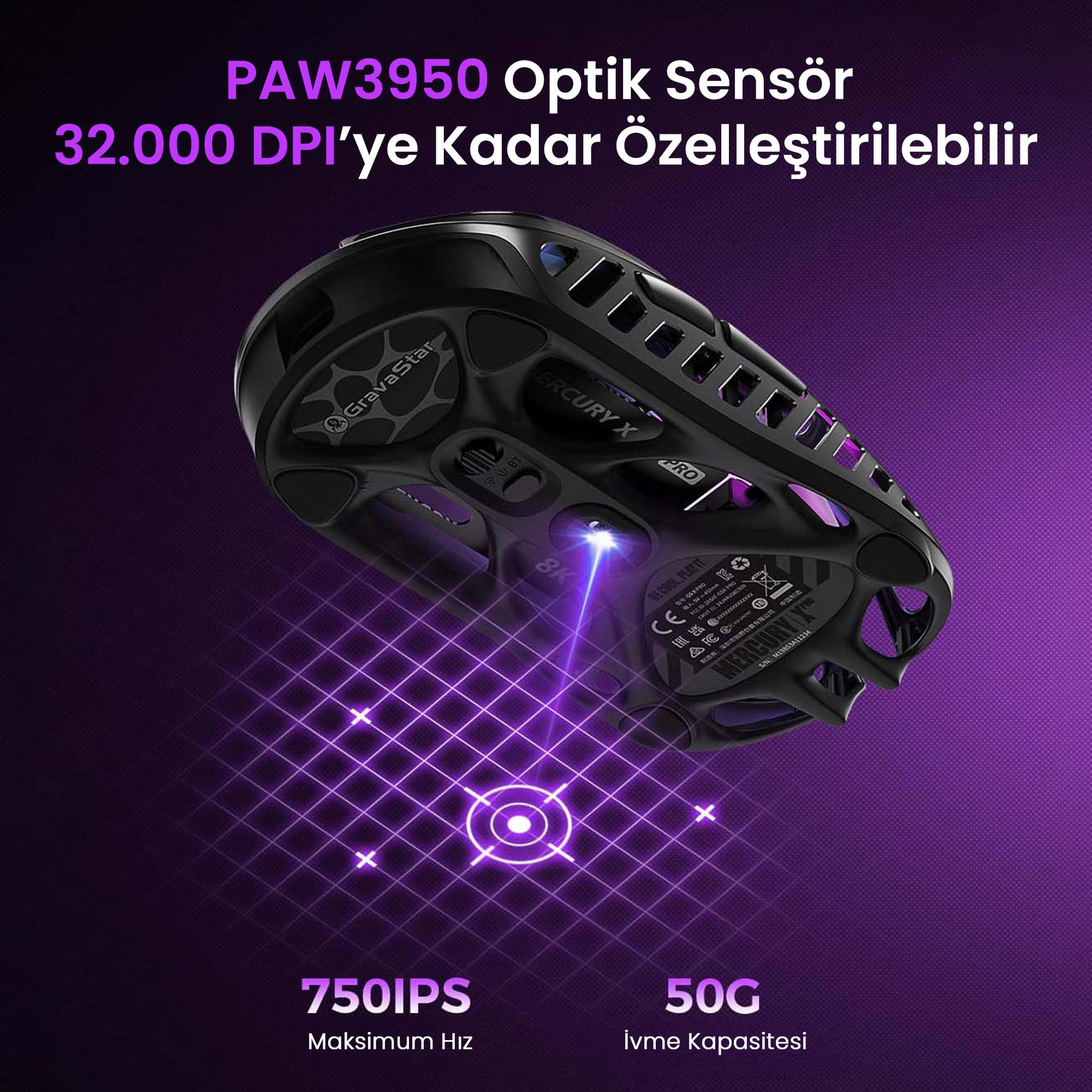 Czarna mysz gamingowa z fioletowym podświetleniem, pokazująca specyfikacje DPI, IPS i G.