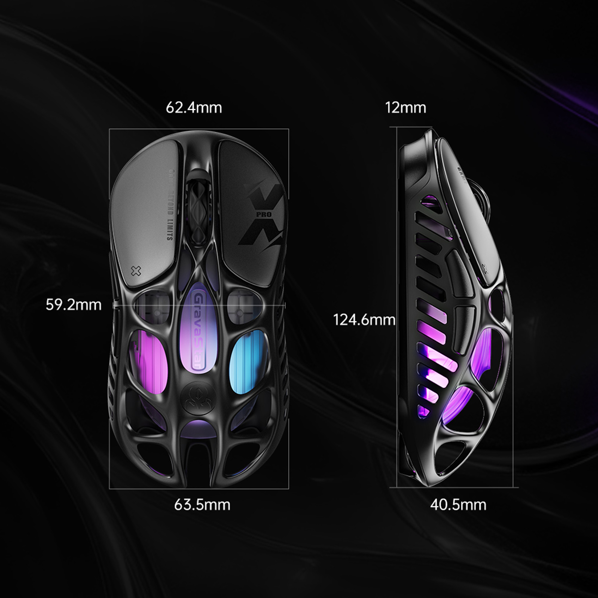 Czarna mysz szkieletowa z fioletowymi i niebieskimi światłami. Wymiary podane.