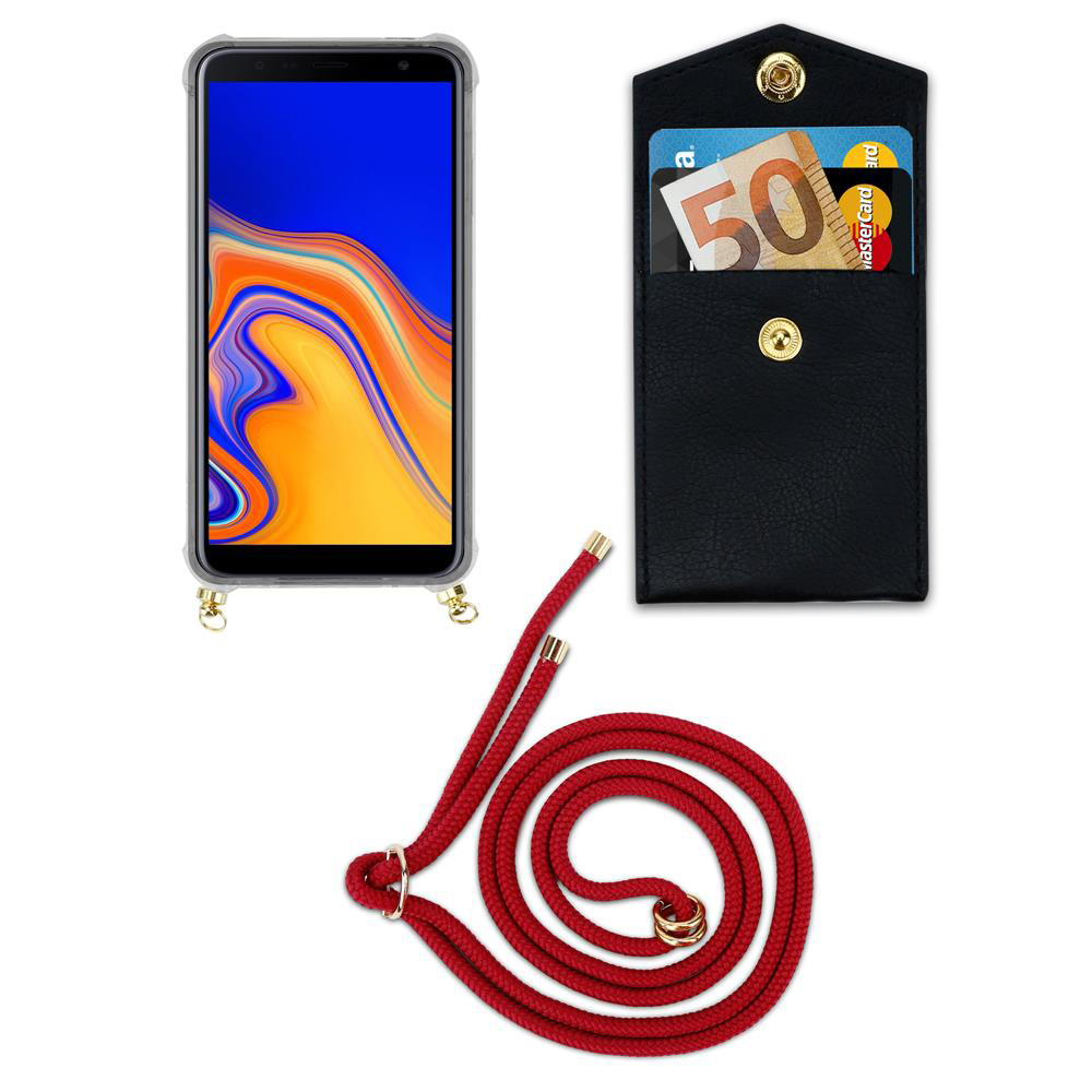 Smartphone con custodia trasparente, porta carte nero e cordino rosso.