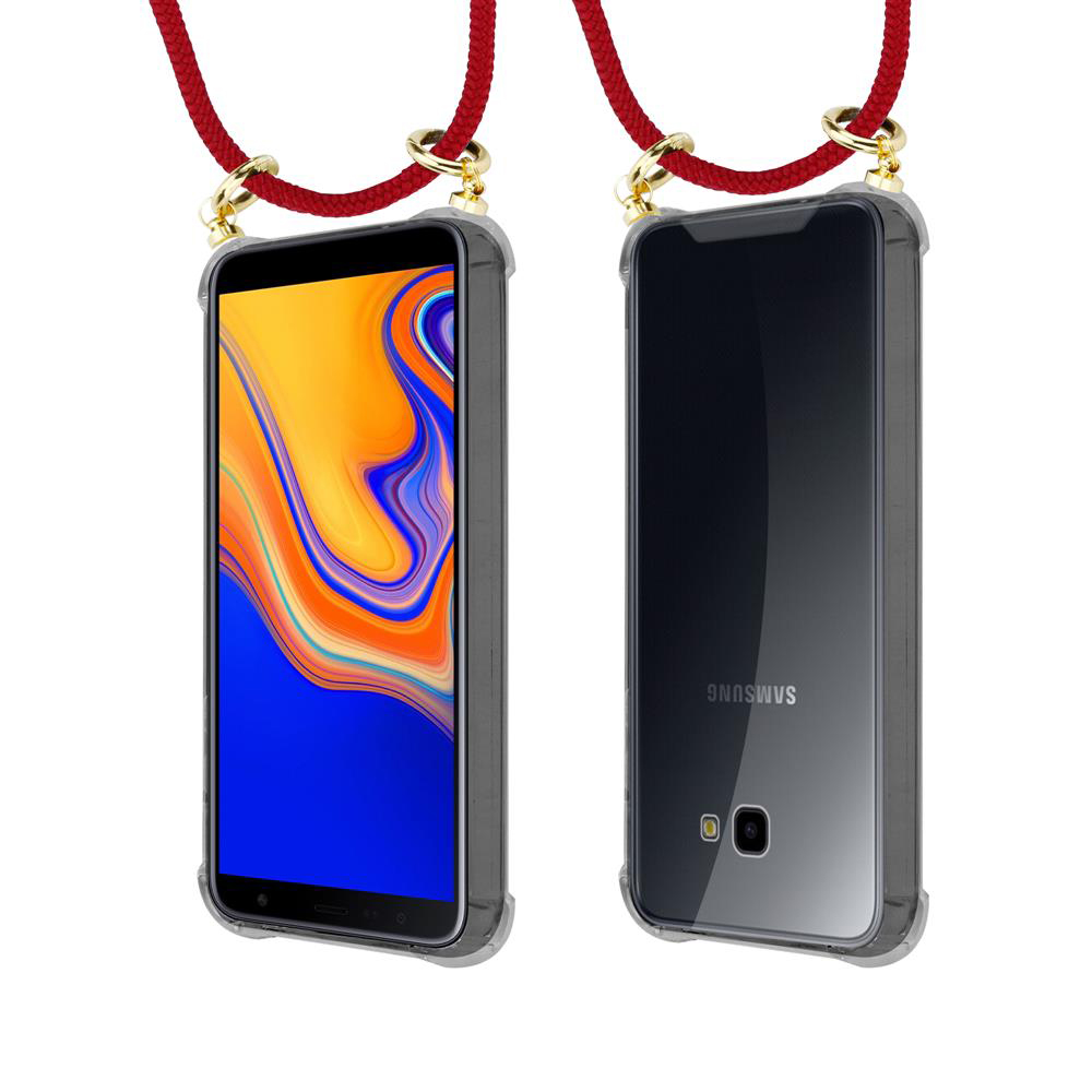 Due smartphone in custodie trasparenti con cordini rossi ad anelli dorati.