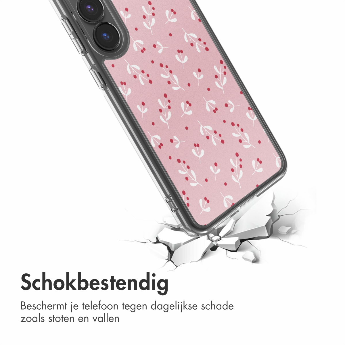 Roze telefoonhoes met wit-rood bessenpatroon valt op wit oppervlak.