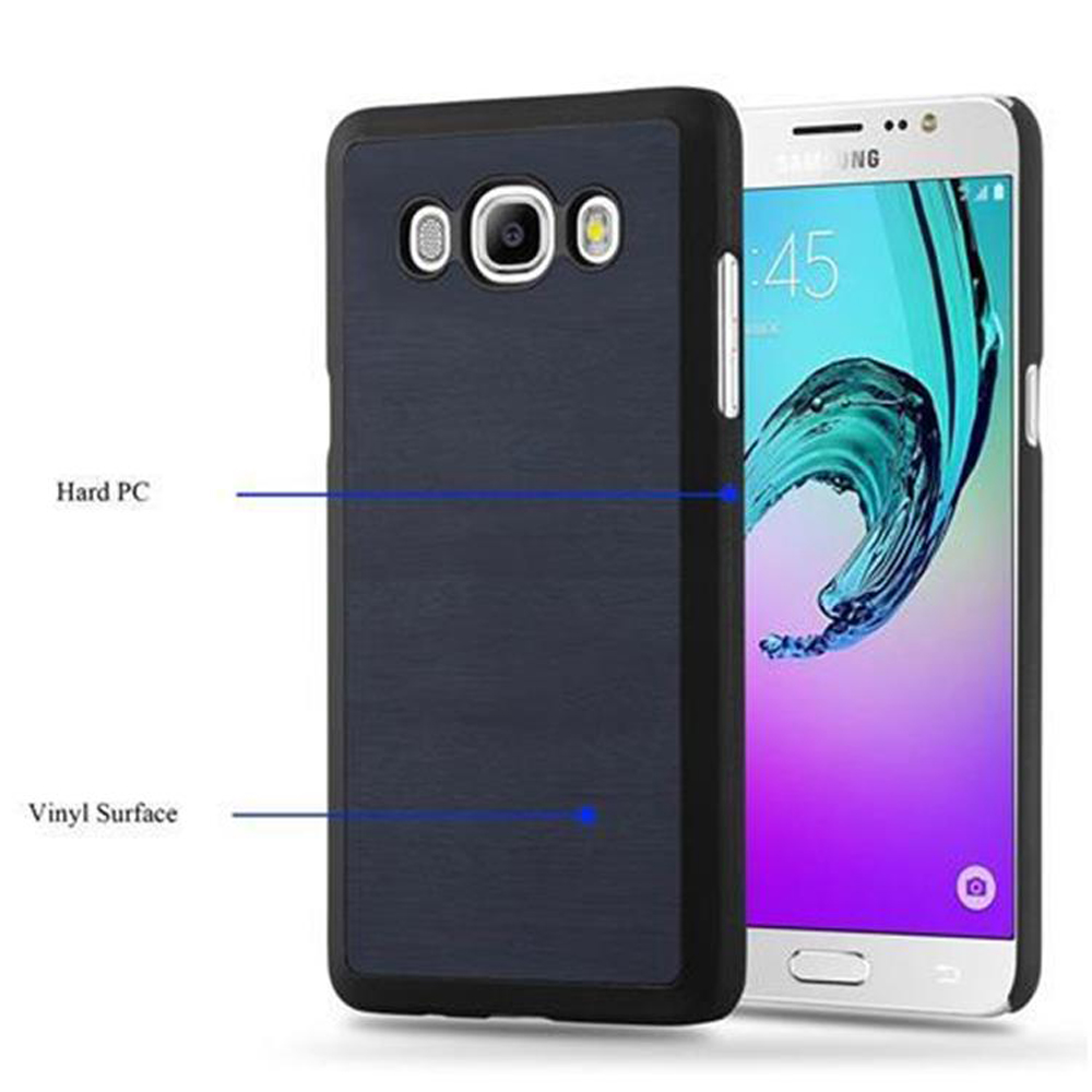 Custodia blu scuro accanto a un telefono Samsung con sfondo blu.